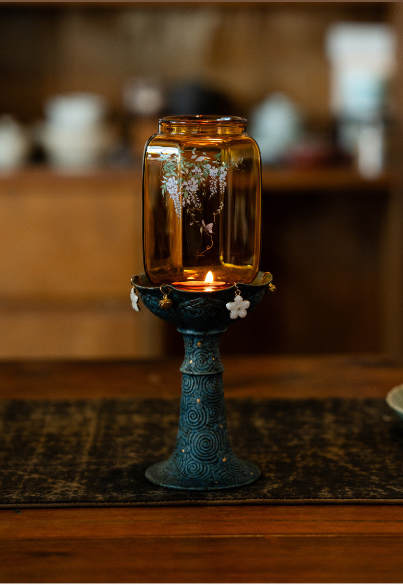 zensoullab New Chinese Style Antique Cloud Pattern Wisteria Glass Ming-Qing Candle Holder Ceramic Home Base Ornament Atmosphere Lamp Stand
