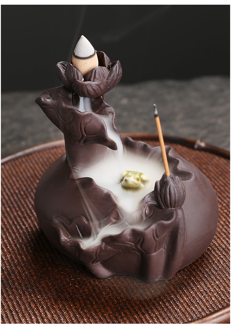 zensoullab Purple Clay Lotus Leaf Backflow Incense Burner Creative Lotus Frog Backflow Incense Burner Home Decor Ornament