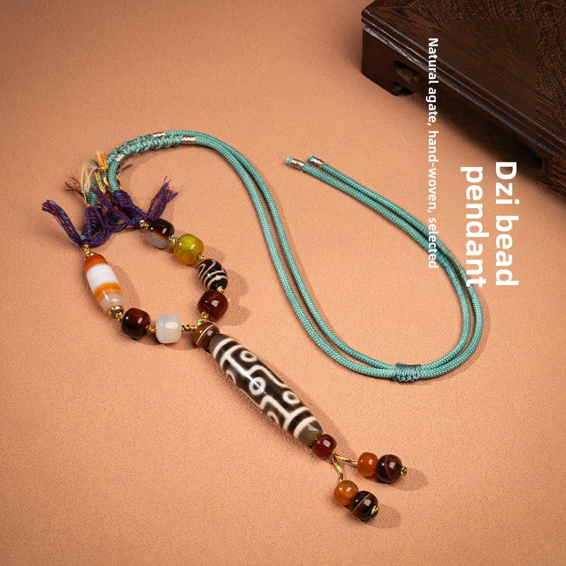 zensoullab Natural Yellow Nine-Eye Dzi Bead Necklace Taiwan Work Agate Pendant Unisex Couple Style Braided Necklace In Stock