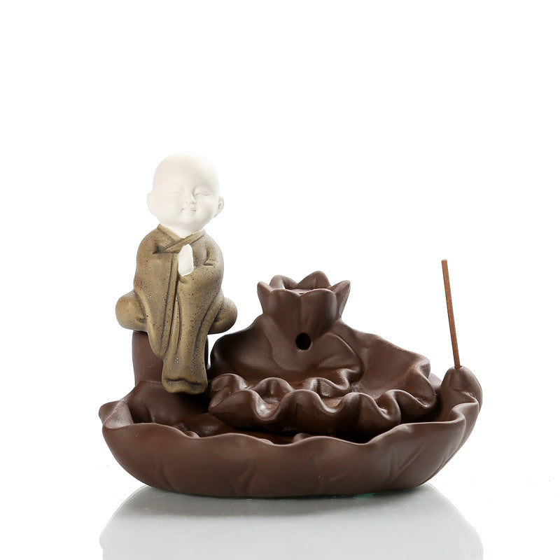 zensoullab Creative Simple Ceramic Little Monk Backflow Incense Burner Purple Clay Zen Incense Burner Incense Holder Home Tea Ceremony Home Decor