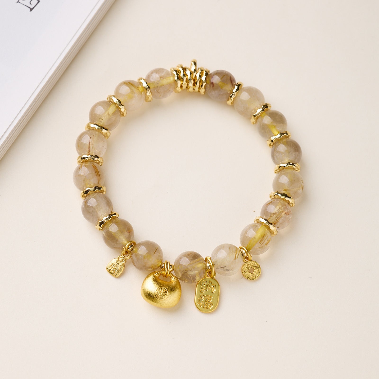 zensoullab Natural 10MM Golden Rutilated Quartz Bracelet for Women, Twisted Good Luck and Peace Lock, High-end Crystal Bracelet