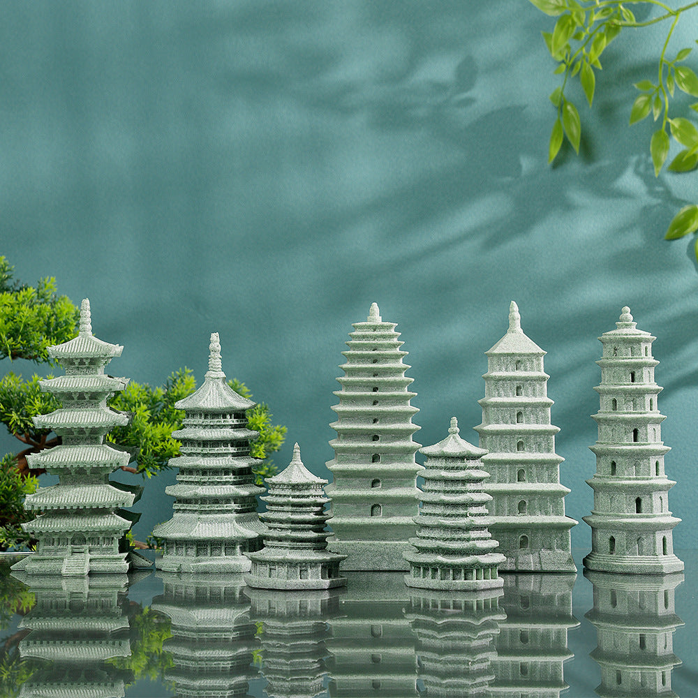 zensoullab Green Sandstone Lei Feng Pagoda Ornament Rockery Fish Tank Micro Landscape Aquascape Bonsai Flowing Water Decoration Ancient Style Home Decor