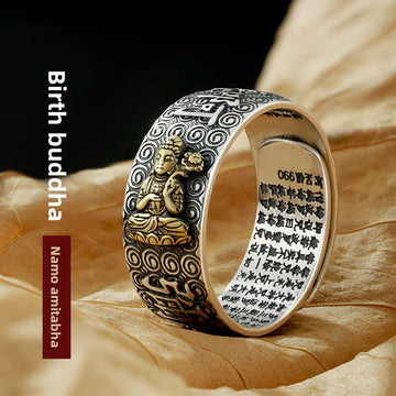 Zensoullab Vintage Thai Silver Zodiac Ring Birth Buddha Heart Sutra Opening Adjustable Men and Women Eight Patron Saints Ring
