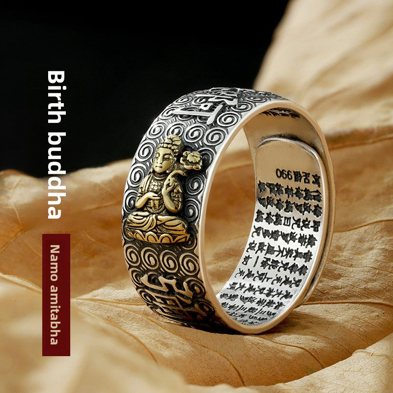 Zensoullab Vintage Thai Silver Zodiac Ring Birth Buddha Heart Sutra Opening Adjustable Men and Women Eight Patron Saints Ring