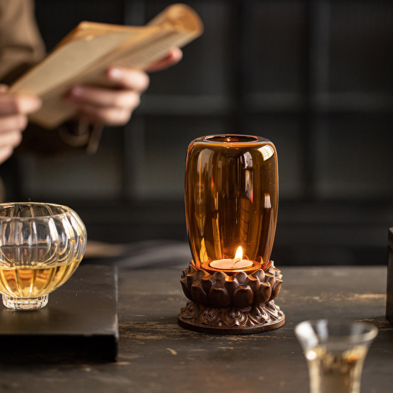 Zensoullab Antique Glass Candlestick Windshield Lampshade Lotus Buddha Candle Lamp Zen Tea Room Decoration Aromatherapy Candle Ambience Light