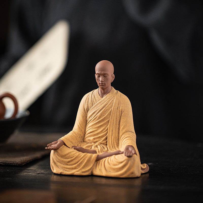 zensoullab Dust-Free Zen Little Monk Purple Clay Figurine Ceramic Figure Ancient Style Tea Room Display Stand Desktop Decoration