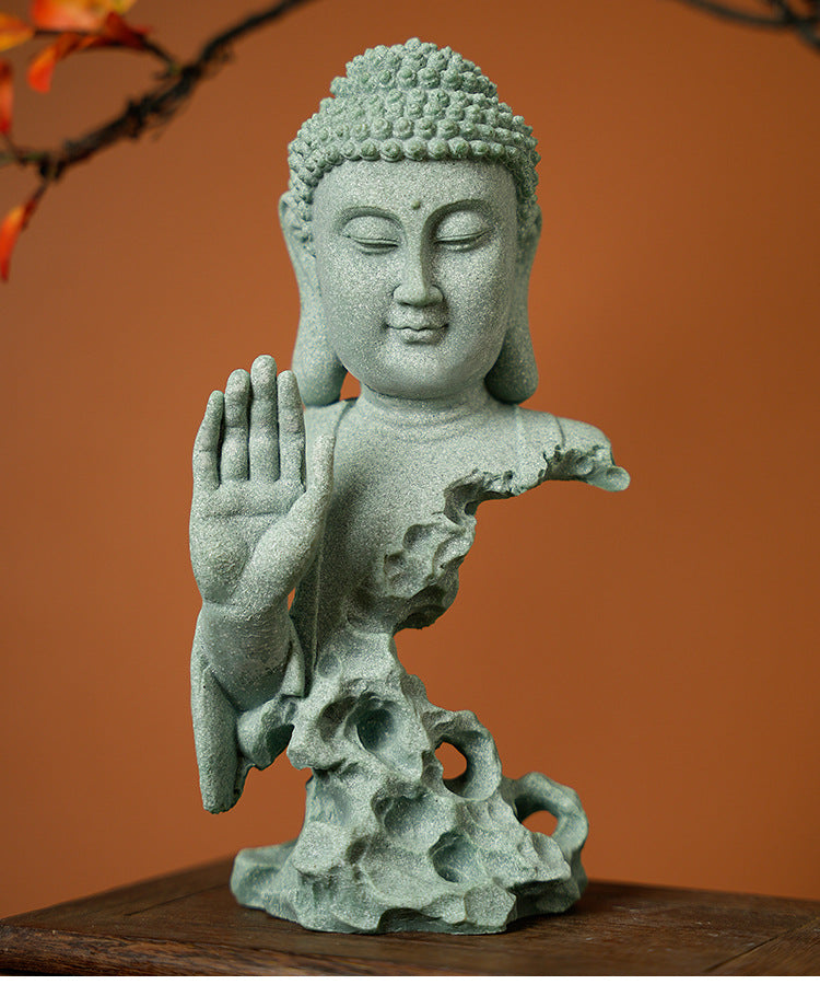 zensoullab Green Sandstone Imitation Stone Carving Buddha Statue Craft Ornament Creative Retro Desktop Buddhist Zen New Chinese Style Living Room Decoration