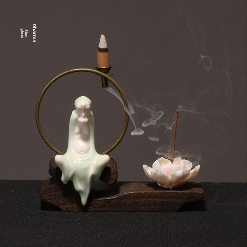 zensoullab Creative Chinese Ceramic Ornament Phaseless Buddha Statue Home Backflow Incense Burner Sandalwood Aromatherapy Burner Incense Holder Incense Device Wooden Incense Stand