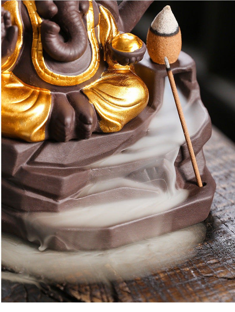 zensoullab Purple Clay Sandalwood Incense Burner Home Decor Creative Gold-Plated Ganesha Mountain Water Backflow Incense Burner Craft