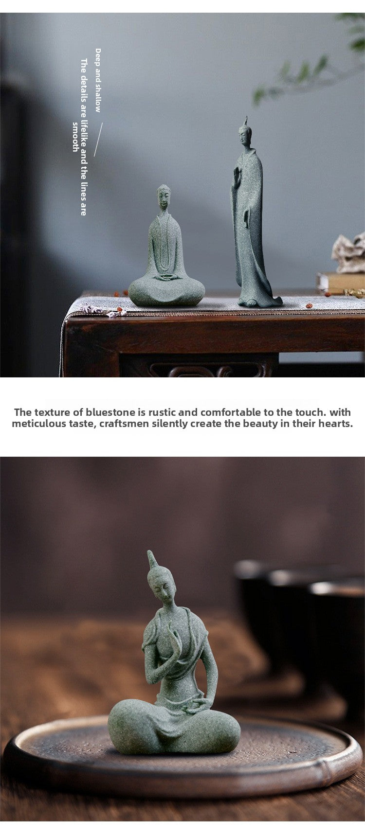 zensoullab Green Sandstone Northern Wei Dynasty Three Saints Buddha Statue Zen Carving Craftwork Tathagata Buddha Shakyamuni Desktop Tea Ceremony Ornament