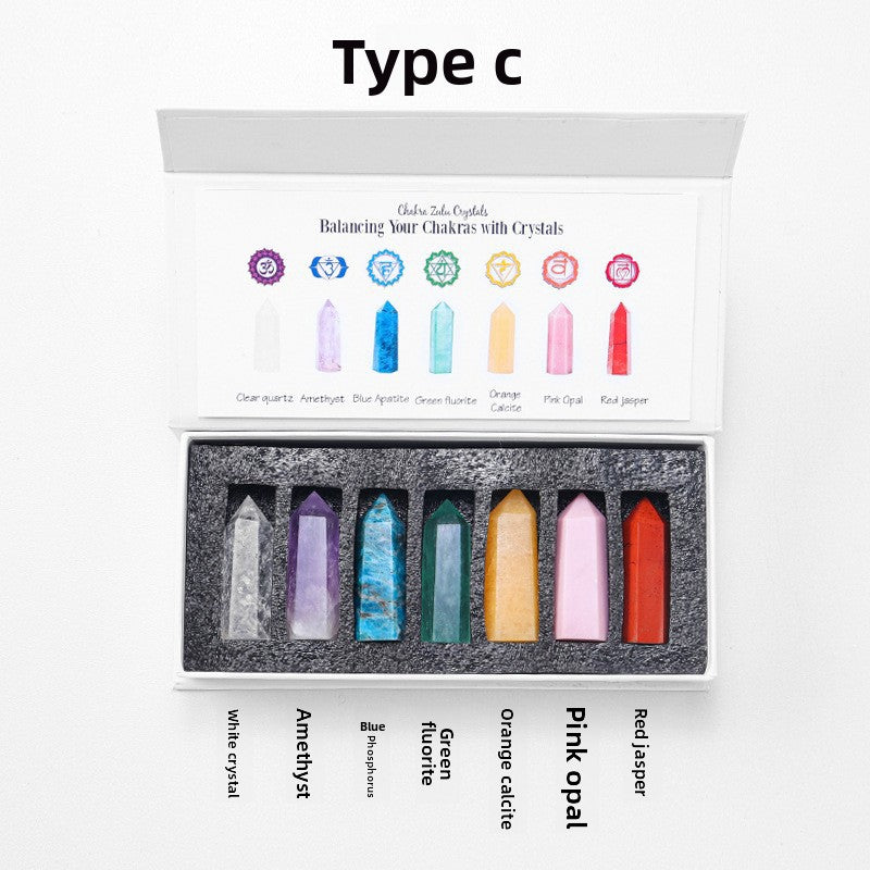 zensoullab Natural Crystal Agate Jade Hexagonal Single Pointed Column Set Box Seven Colors Demagnetization Yoga Ore Gemstone Set