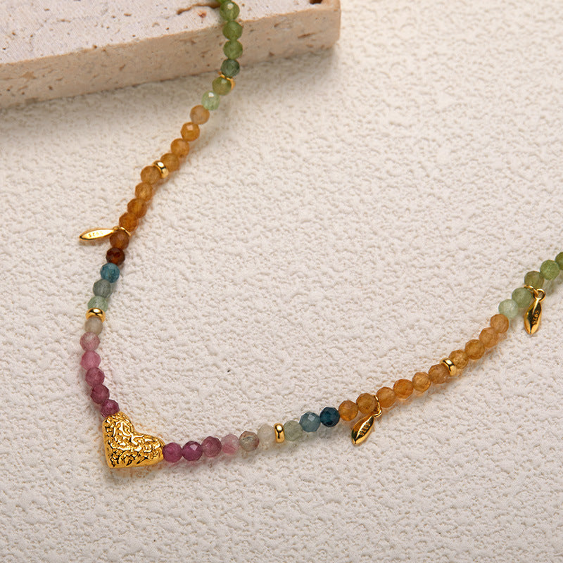 zensoullab S925 Sterling Silver Natural Tourmaline Gemstone Necklace for Women Original Design Heart Trendy Handmade Colorful Beaded Chain