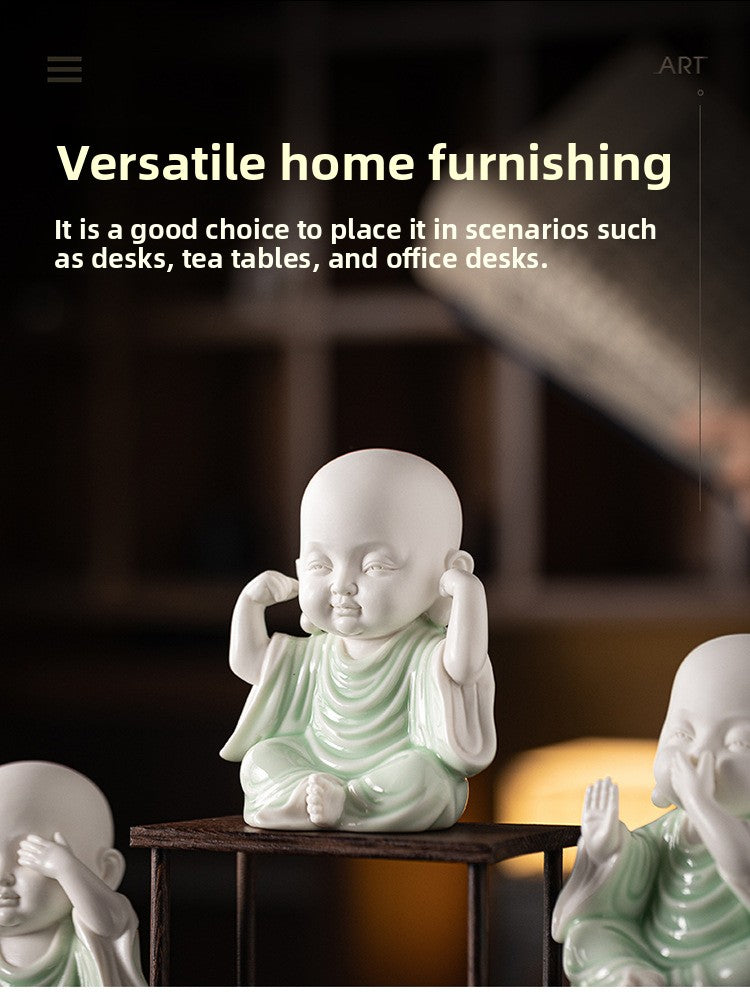zensoullab Chinese Zen Style Four Little Monks Figurines Ceramic Characters Buddhist Home Living Room Curio Cabinet Decorations Micro Landscape