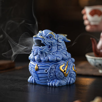 Zensoullab Creative Ceramic KIRIN Incense Coil Burner Home Indoor Auspicious Beast Incense Burner Sandalwood Agarwood Point Incense Box Desktop Incense Ceremony Decoration