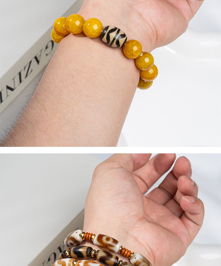 zensoullab Natural Three-Eyed Dzi Bead Agate Bracelet Fashion Versatile Unisex Couple Style Tiger Tooth Single Circle Bracelet In Stock