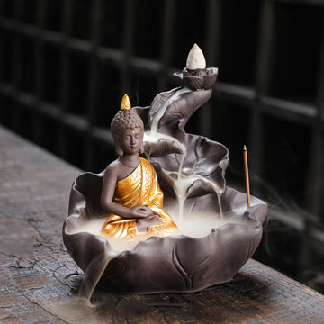 zensoullab Purple Clay Ceramic Backflow Incense Burner Crafts Creative Lotus Leaf Buddha Statue Small Novice Incense Burner Ornament