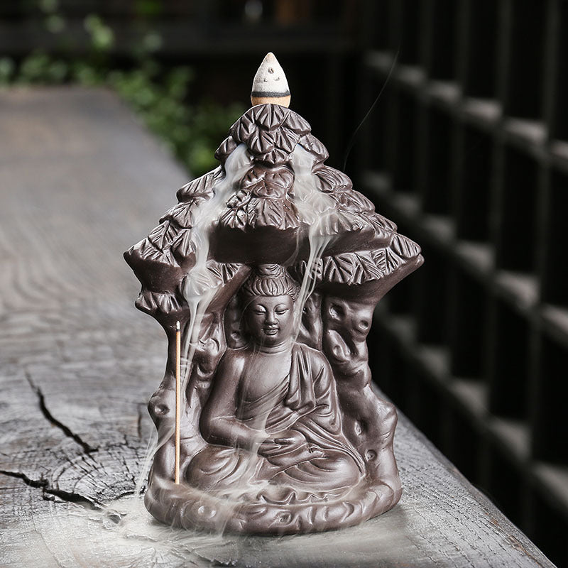 zensoullab Purple Clay Backflow Incense Burner Creative Bodhi Tree Buddha Backflow Incense Burner Home Decor Craft Ornament