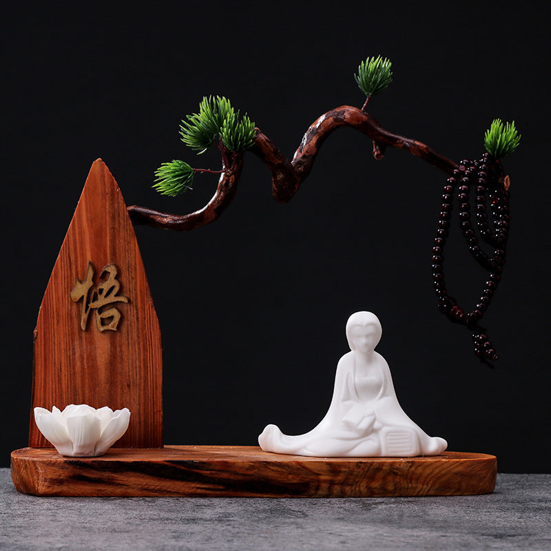 zensoullab Chinese Zen Style Formless Buddha Welcoming Guest Pine Root Carving Set Living Room Wine Cabinet Entrance Ceramic Li Bai Tea Table Home Decor
