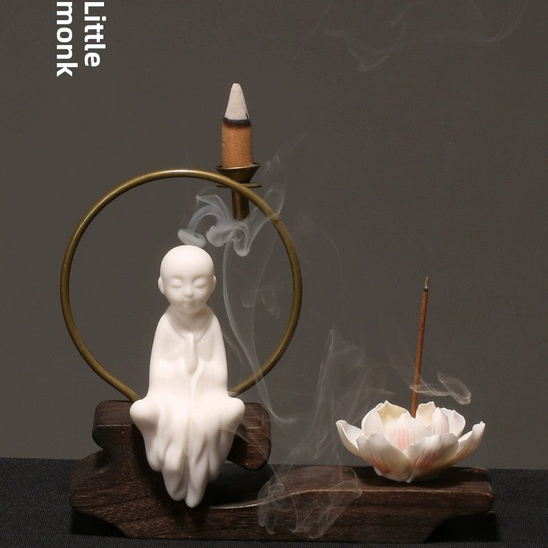 zensoullab Creative Chinese Ceramic Ornament Phaseless Buddha Statue Home Backflow Incense Burner Sandalwood Aromatherapy Burner Incense Holder Incense Device Wooden Incense Stand