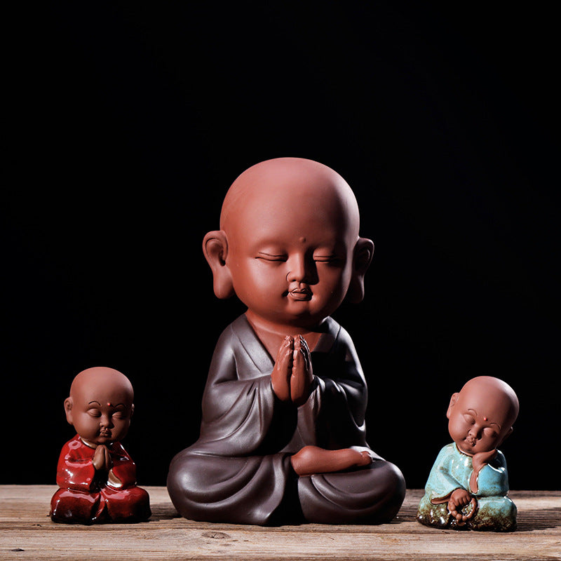 zensoullab Zen Purple Clay Blessing Little Monk Home Decor Chinese Style Entrance Living Room Buddha Hall Large Small Novice Figurine