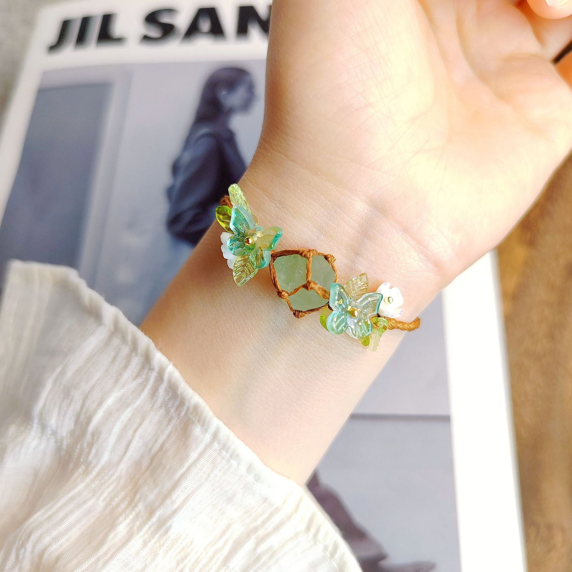 zensoullab Spring Butterfly Wreath Natural Fluorite Braided Rope Bracelet Crystal Gravel Bracelet