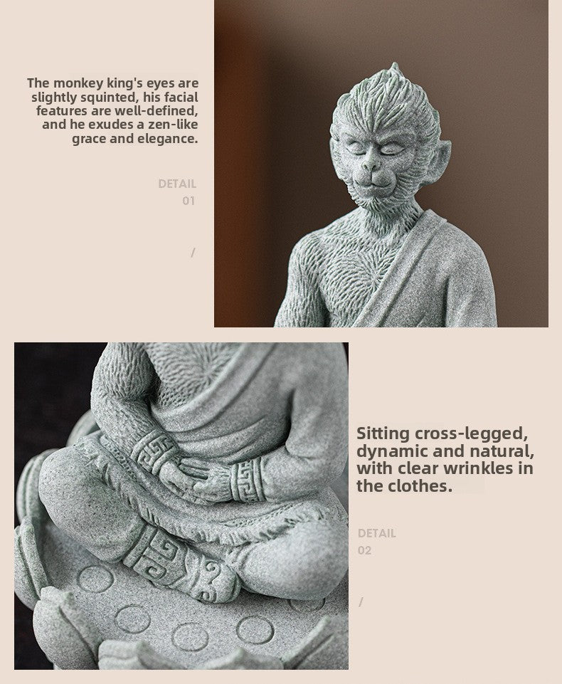 zensoullab Zen Style Chinese Green Sandstone Zen Sitting Monkey King Desktop Ornament Creative Living Room Fish Tank Landscaping Decoration