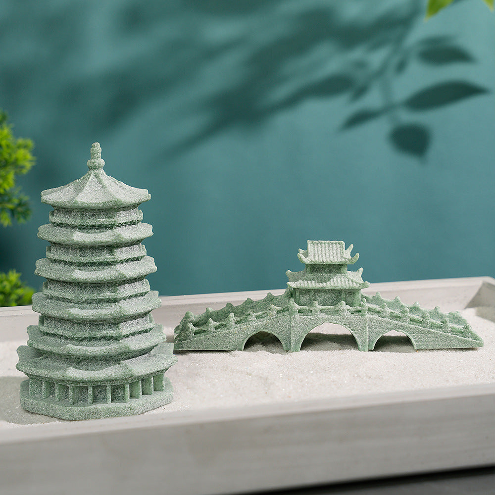 zensoullab Green Sandstone Lei Feng Pagoda Ornament Rockery Fish Tank Micro Landscape Aquascape Bonsai Flowing Water Decoration Ancient Style Home Decor