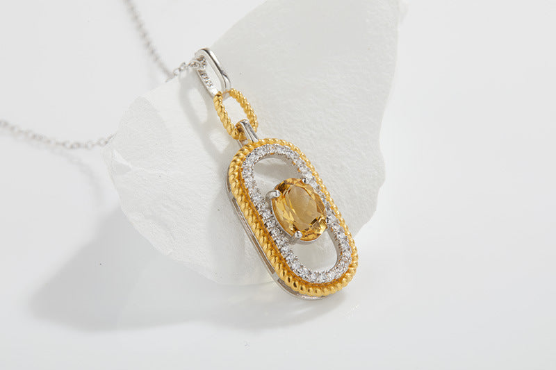 zensoullab French Retro S925 Sterling Silver Inlaid Natural Gemstone Yellow Crystal Topaz Pendant Necklace for Women Hot-Selling Jewelry