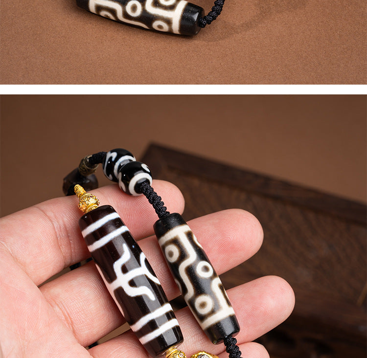 zensoullab Tibetan Nine-Eyed Dzi Bead Necklace with Layered Patina Multi-Totem Agate Pendant Couple Style Woven Necklace