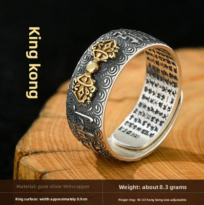 Zensoullab Vintage Thai Silver Zodiac Ring Birth Buddha Heart Sutra Opening Adjustable Men and Women Eight Patron Saints Ring