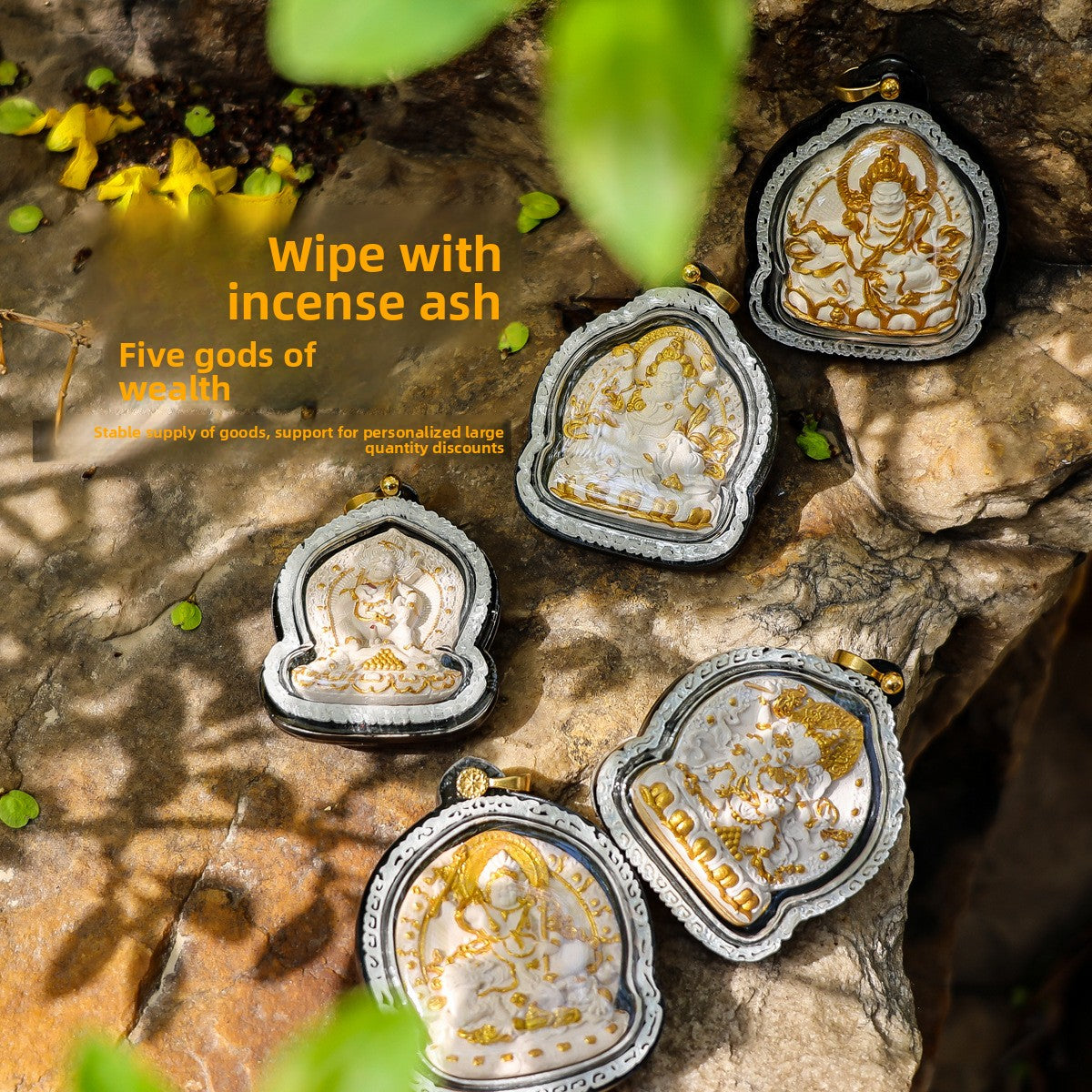 zensoullab Gawu Box Pendant Hand-painted Incense Ash Rubbing Three-dimensional Thangka Buddha Statue Yellow God of Wealth Five-way God of Wealth Buddha Amulet Men and Women Necklace