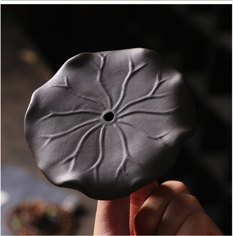zensoullab Purple Clay Windproof Cover LED Light Backflow Incense Burner Creative Lotus Leaf Ornamental Backflow Aromatherapy Burner Home Decor
