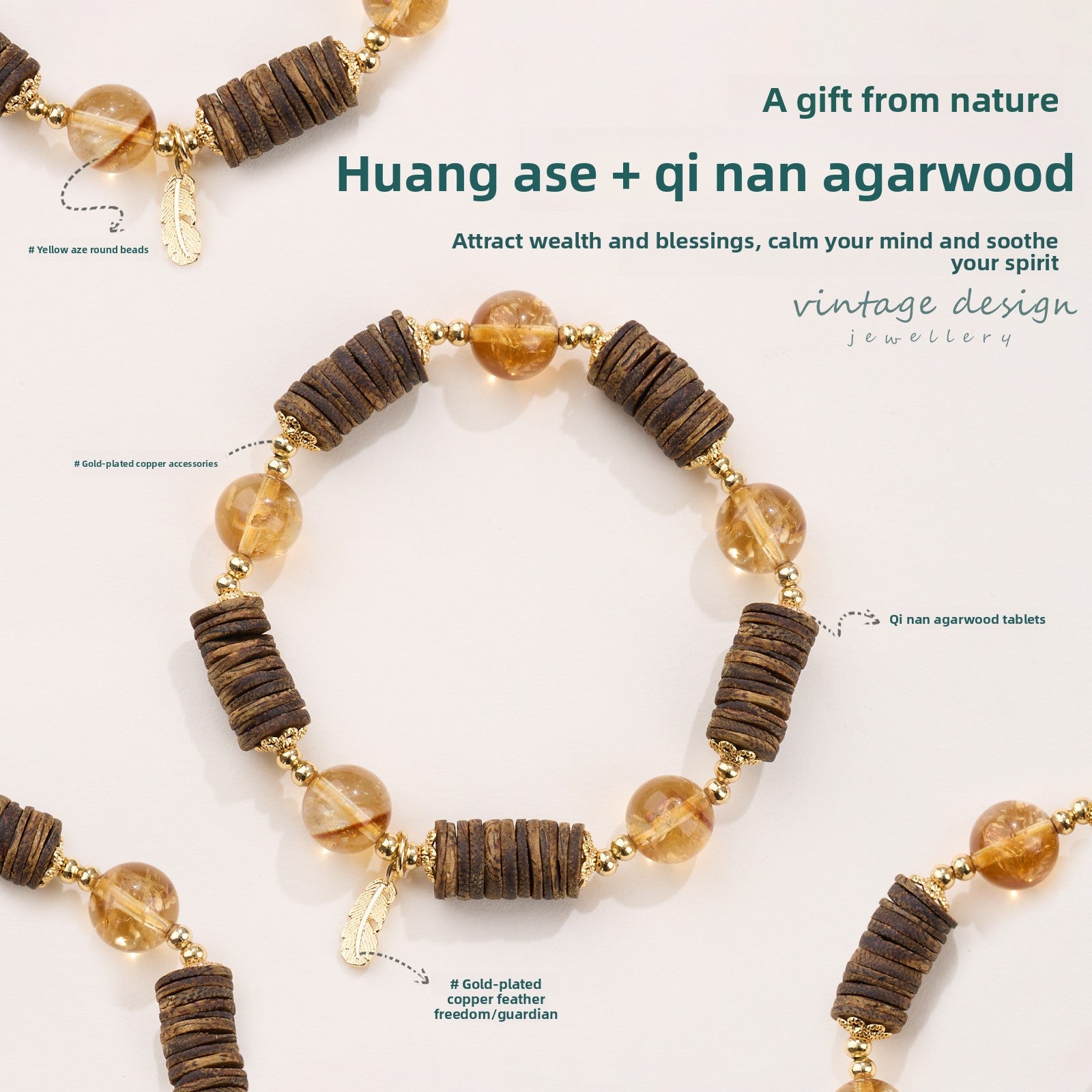 zensoullab2025 Natural 10MM Yellow Acai Crystal Bracelet Yellow Tower Crystal Travel Chess Nan Sandalwood Beginner Bracelet