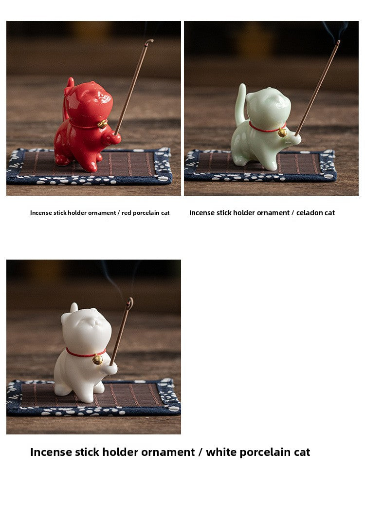zensoullab Creative Cute Little Cat Ceramic Ornament Soft Healing Tea Pet Pen Holder Home Indoor Sandalwood Incense Holder Incense Tool