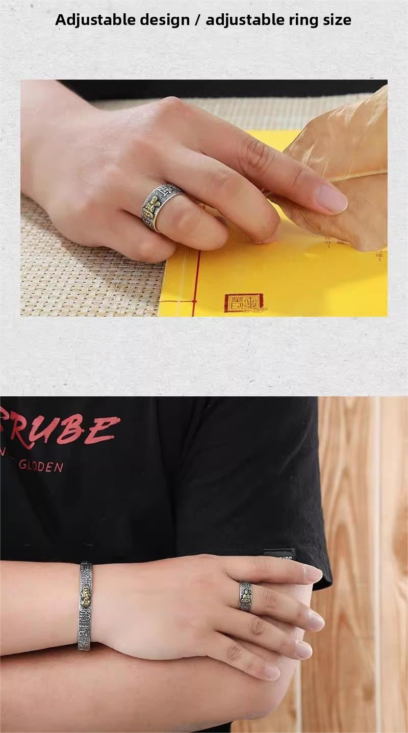 zensoullab Vintage Eight Guardian Deities Ring for Men Heart Sutra Zodiac Year Open Ring Imitation Thai Silver Six-Word Mantra Men's Ring