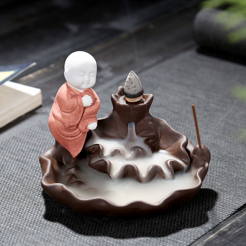 zensoullab Creative Simple Ceramic Little Monk Backflow Incense Burner Purple Clay Zen Incense Burner Incense Holder Home Tea Ceremony Home Decor
