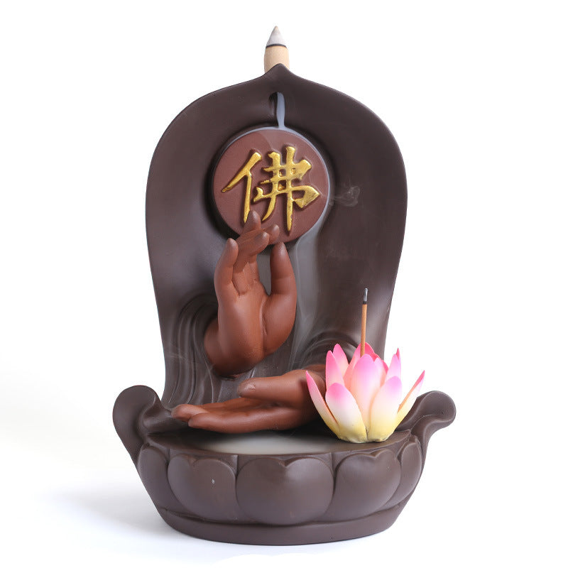 zensoullab Purple Clay Buddha Hand Lotus Backflow Incense Burner Creative Handmade Lotus Incense Holder Incense Stand Backflow Incense Burner Ornament