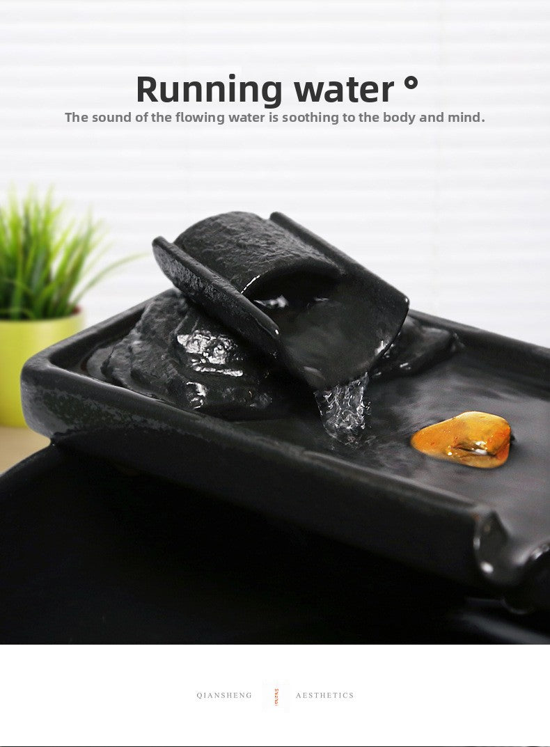 zensoullab Ceramic Water Flowing Tabletop Ornament Wealth-Attracting Desktop Tea Table Fountain Waterwheel Circulating Water Device Zen Small Gift