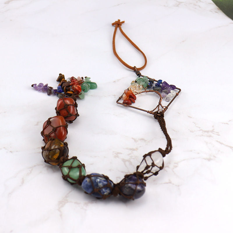 zensoullab7 Colorful Stone Seven Colors Crystal Raw Stone Hand-woven Pendant Natural Stone Tree of Life Car Hanging Dream Catcher Ornament