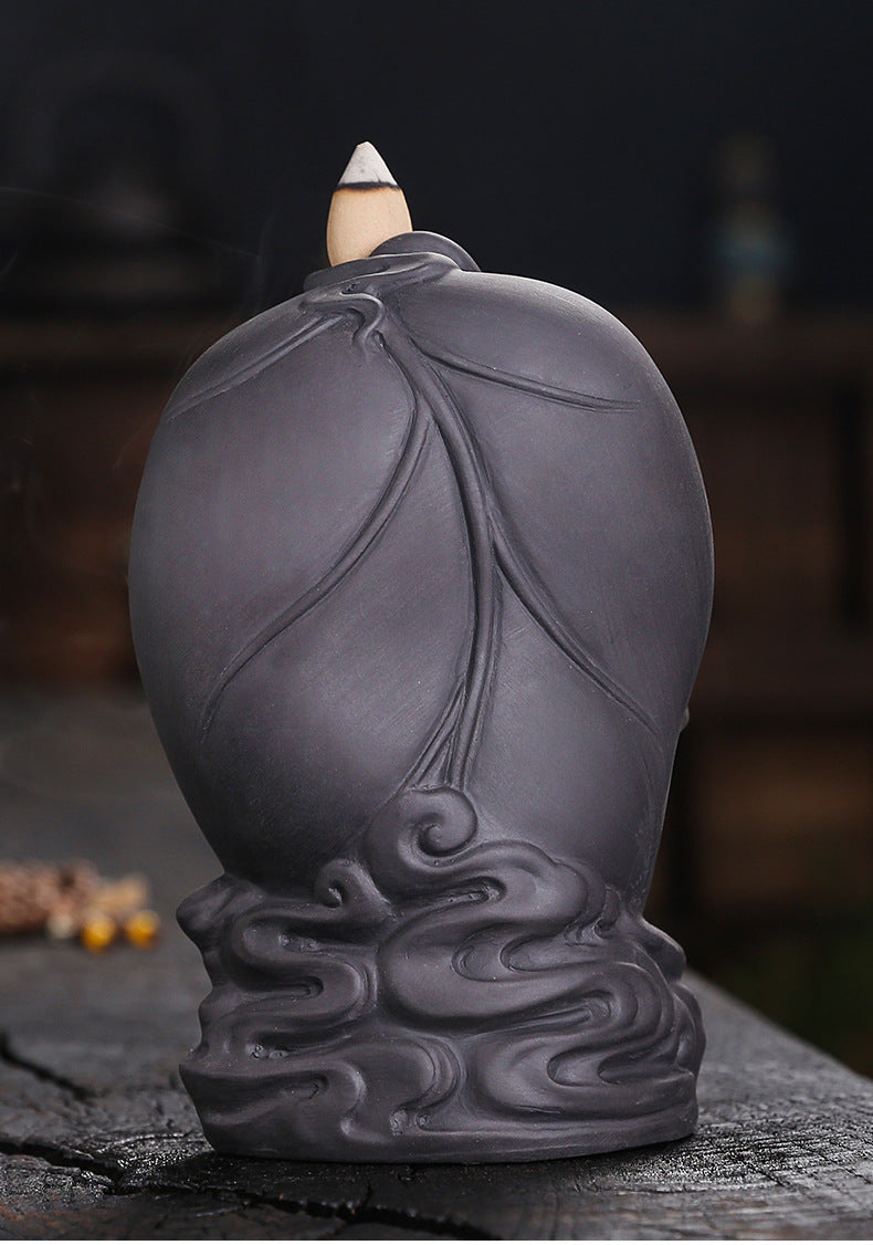 zensoullab Purple Clay Backflow Incense Burner Creative Bodhi Leaf Tathagata Guanyin Buddha Statue Backflow Incense Aromatherapy Burner Home Decor