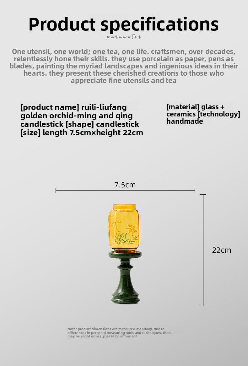 zensoullab Flowing Fragrance Golden Orchid Ming Qing Glass Candle Holder Lamp Zen Tea Room Atmosphere Lamp Home Floor Candle Lamp Decorative Ornament