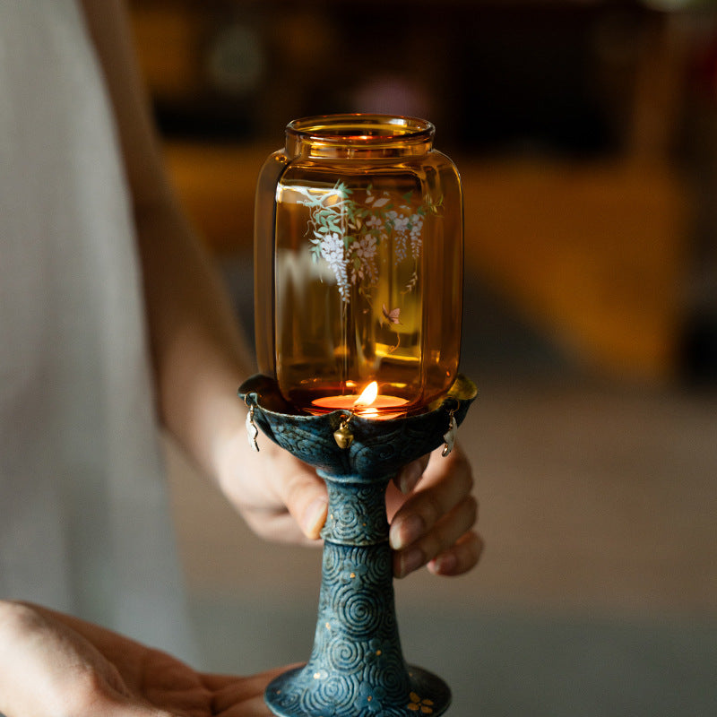 zensoullab New Chinese Style Antique Cloud Pattern Wisteria Glass Ming-Qing Candle Holder Ceramic Home Base Ornament Atmosphere Lamp Stand