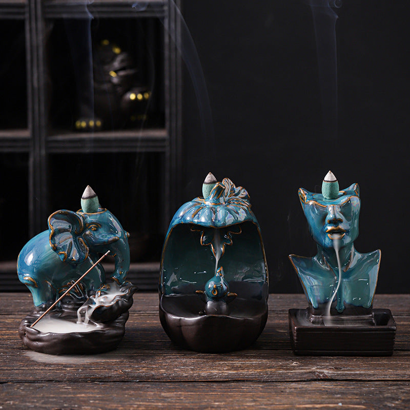 zensoullab Ceramic Beauty Statue Backflow Incense Burner Creative Beauty Elephant Sandalwood Burner Smoke Backflow Home Decor