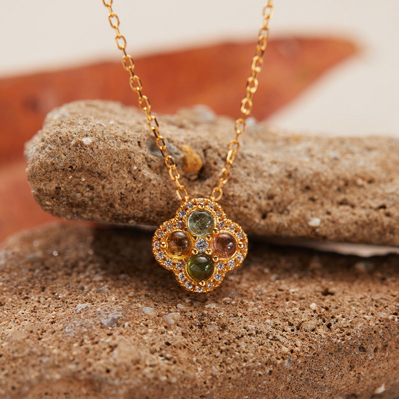 zensoullab S925 Sterling Silver 18K Gold Pendant Necklace Clavicle Chain Natural Tourmaline Four-Leaf Clover Vintage Elegant Temperament Women