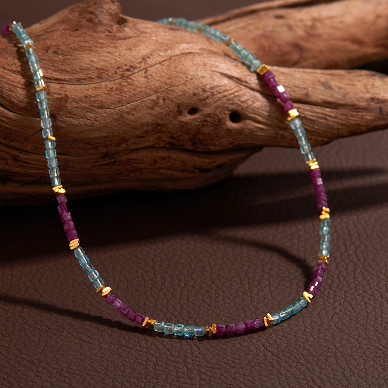zensoullab Trendy Design Development S925 Sterling Silver Natural Ruby and Apatite Colorful Gemstone Necklace for Women Colorful Beaded