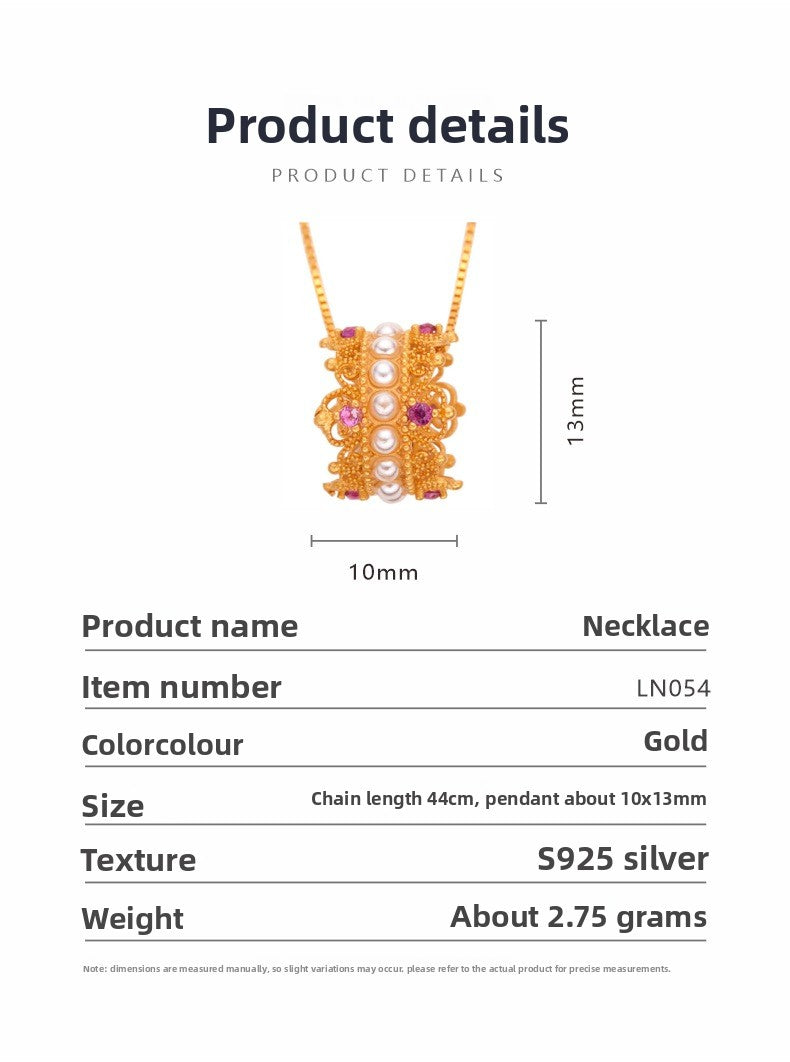 zensoullab S925 Sterling Silver Ancient Gold Necklace for Women Vintage Hollow National Trend Versatile Elegant Pendant Jewelry