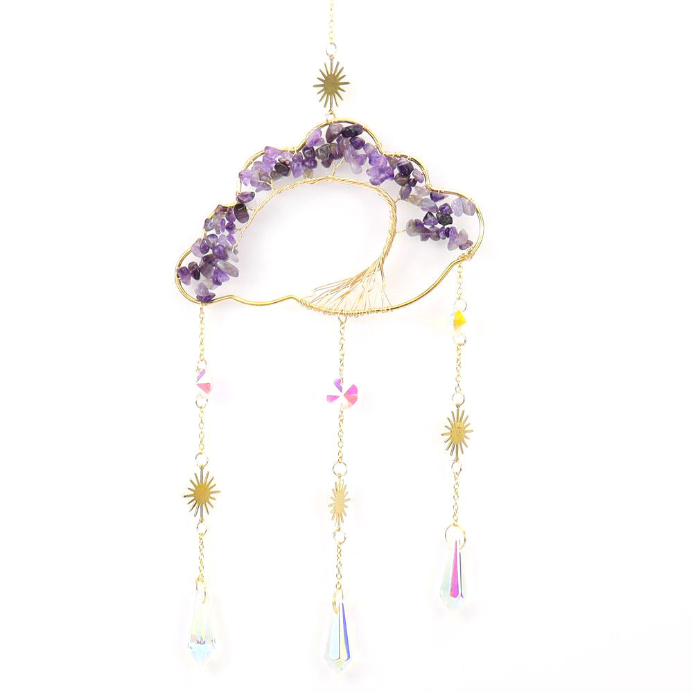 zensoullab Handmade Wire Wrapped Natural Crystal Crushed Stone Clouds Clouds Life Tree Sun Catcher Hanging Ornament Wind Chime Decoration T27