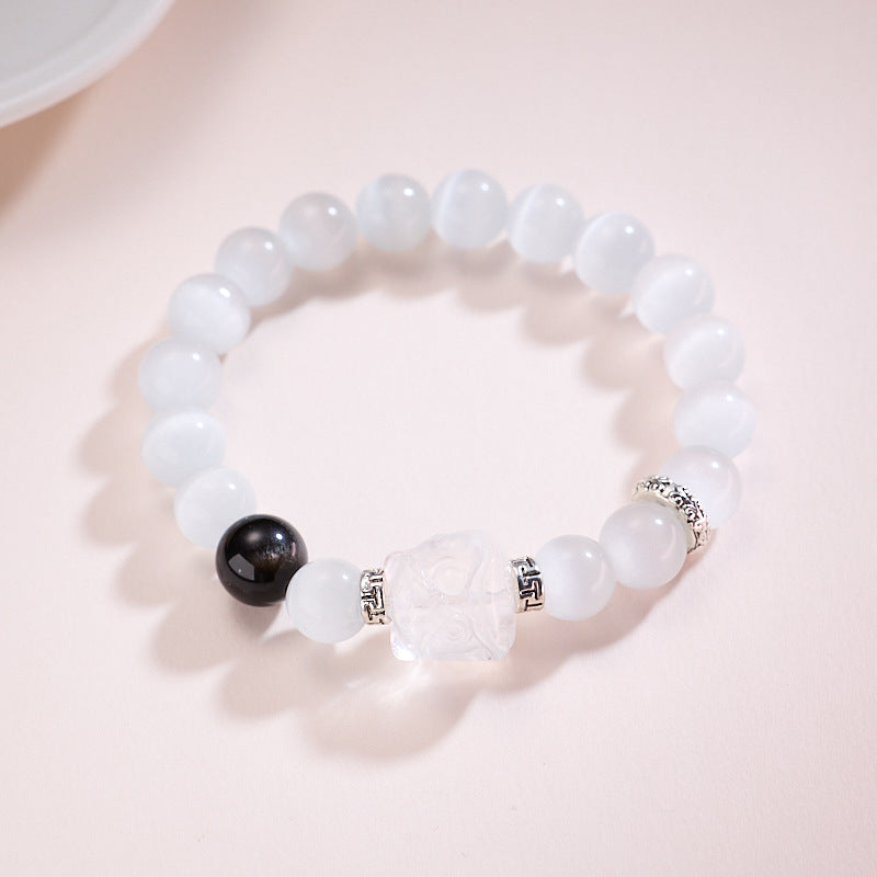 zensoullab520 Natural Obsidian Lion Awakening White Moonlight Cat's Eye Crystal Bracelet