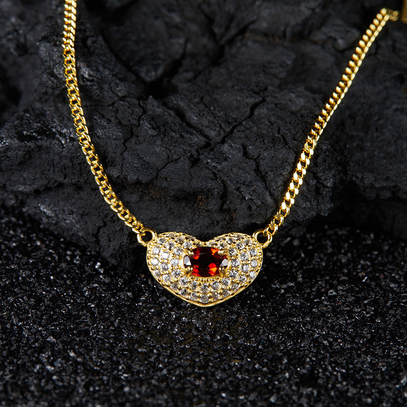zensoullab High-End Heart-Shaped Gemstone Necklace for Women S925 Sterling Silver Natural Garnet Sapphire Heart Pendant Niche Non-Fading