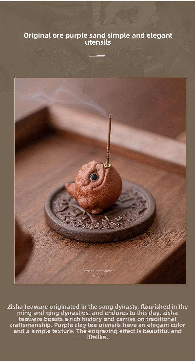 zensoullab Creative Ceramic Cute Fortune Golden Toad Purple Clay Tea Pet Ornament Aromatherapy Burner Home Indoor Incense Holder Incense Stand Incense Ceremony